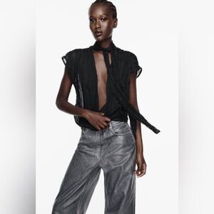 Zara Black Textured Tie-Front Top